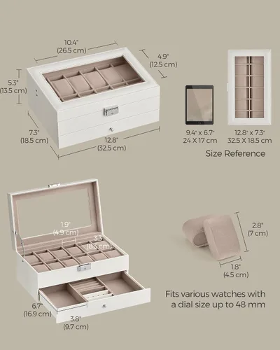 Miniatura 35 de SONGMICS UJWB012 - Caja de reloj de 12 ranuras, caja de reloj con cerradura con tapa de vidrio, 2 capas, con 1 cajón para anillos, pulseras, idea