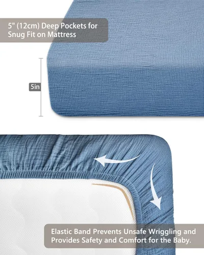Miniatura 3 de Sábanas para minicuna para bebé, ajustables para colchón Pack N Play y minicunas de 24" x 38", sábana de colchón para minicuna de muselina de Azul