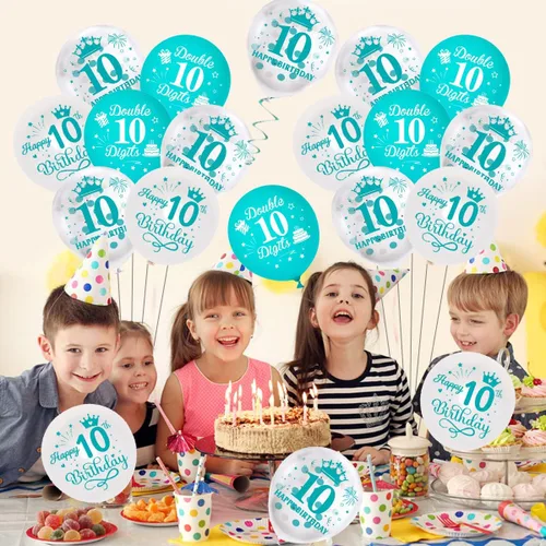 Miniatura 3 de Globos de cumpleaños número 10, paquete de 45 decoraciones de cumpleaños de dos dígitos, color turquesa, juego de globos de látex azul y blanco