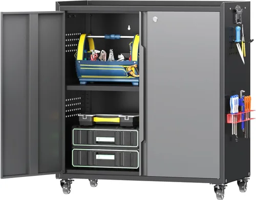 Miniatura 11 de Armario de pared de garaje de metal con puerta abatible hacia arriba, cabenit de herramientas flotante negro con estante ajustable, armarios