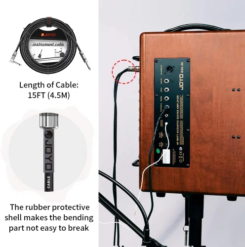 Miniatura 6 de JOYO Cable para Bajo de Guitarra 15 Pies, Cable de Instrumento de Audio Profesional 1/4 Pulgada, Cable de Amplificador de Ángulo Recto (Negro, CM-12)
