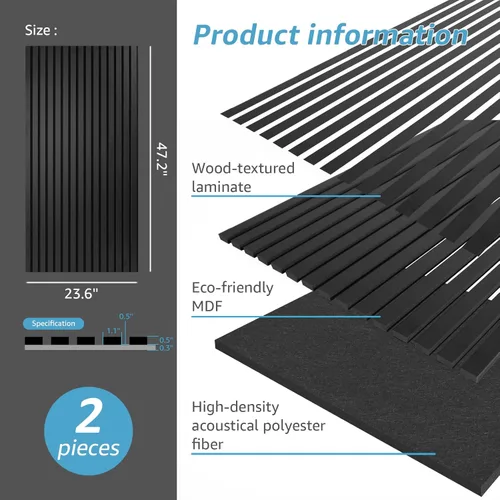 Miniatura 4 de Art3d 2 paneles acústicos de listones de madera para pared y techo, panel de absorción de sonido acanalado 3D con acabado de madera, negro mate