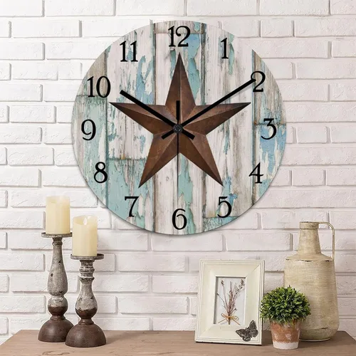 Miniatura 9 de Reloj de pared vintage con estrella de Texas occidental de madera rústica, sin tictac, silencioso, funciona con pilas, fácil de leer, elegante reloj