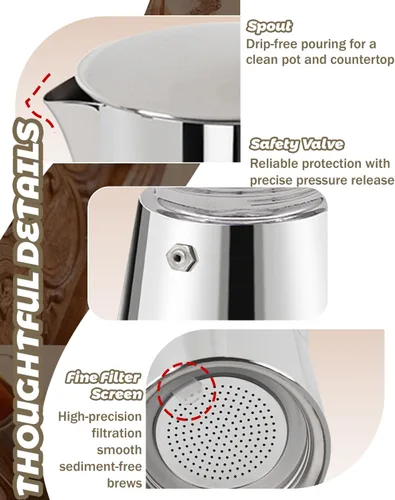 Miniatura 7 de Cafetera Express de acero inoxidable 304, 2 tazas de 3.3 oz/3.4 fl oz, cafetera italiana para el hogar, cocina y campamento, todas las estufas