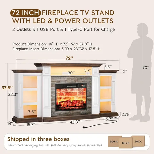 Miniatura 9 de Soporte de TV con chimenea de 72 pulgadas con toma de corriente y LED, chimenea eléctrica con repisa, centro de entretenimiento con almacenamiento