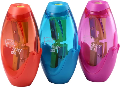 Bostitch Sacapuntas de oficina, manual, Twist-n-Sharp con bandeja de virutas, niños, niñas, lápices de colores, paquete de 3, azul, naranja, rosa