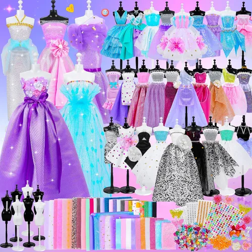 Miniatura 7 de MINIFUN Kit de diseño de moda para niñas, kit de costura con 4 maniquíes, kit de manualidades y manualidades para niños, kit de fabricación de ropa