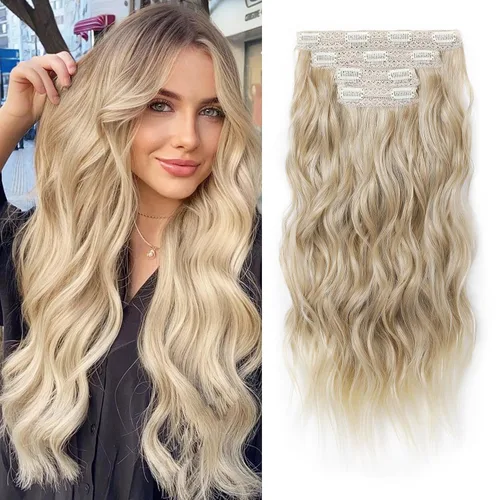 Miniatura 9 de REECHO Extensiones de cabello con pinza, 4 piezas de extensiones de cabello rubio de 24" de largo, ondas de playa gruesas, HE003, trama de encaje