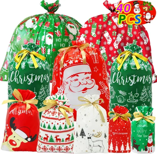 Miniatura 12 de ZMCINER 38 PCS bolsas de regalo de Navidad con cordón de varios tamaños, bolsas de Navidad con cordón para regalos de Navidad, regalos