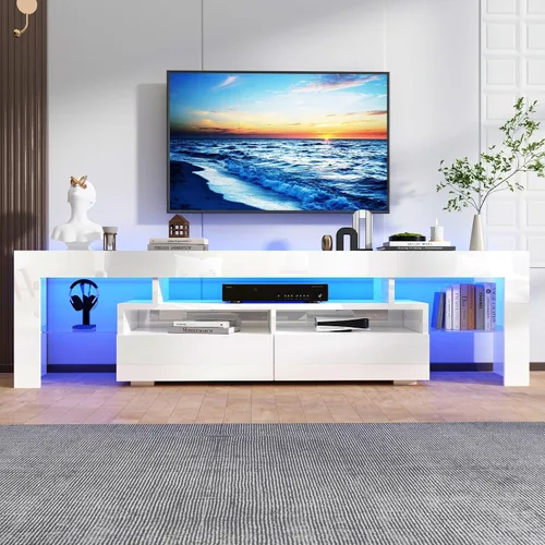 Miniatura 5 de Uspeedy Soporte de TV de 63 pulgadas para TV de 65/70 pulgadas, moderno soporte de TV LED para sala de estar, soporte de TV negro, centro de Blanco