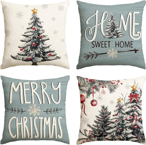 AVOIN colorlife Fundas de Almohada Decorativas Feliz Navidad Árboles Bolas Bayas, 18 x 18 Pulgadas Azul Hogar Dulce Hogar Temporada Navideña