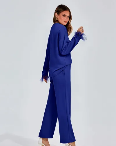 Miniatura 5 de BTFBM Women Two Piece Outfits 2023 Feather Trim Loose Long Sleeve Pullover Leg Pants Casual Sweatsuit Tracksuits Sets