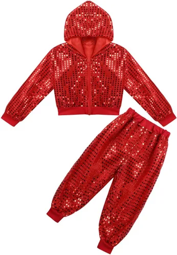 Miniatura 3 de inhzoy Conjunto de lentejuelas para niña, danza callejera, hip hop, danza, rendimiento, con capucha y pantalones de harén