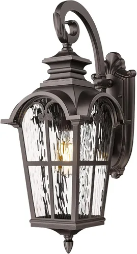 Miniatura 13 de Emliviar Aplique de Pared Vintage para Exteriores con Vidrio de Ondas de Agua, Linterna de Pared para Porche Delantero de 17.5", Acabado Negro