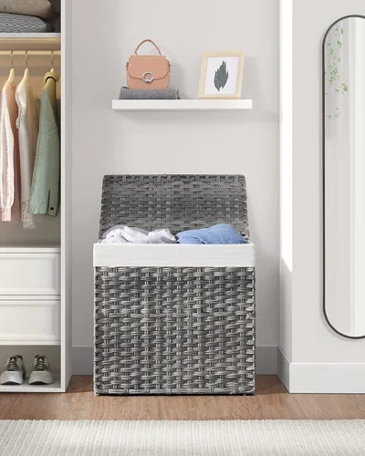 Miniatura 9 de SONGMICS Cesta de ropa de 130L con tapa, 2 bolsas extraíbles con forro, 6 bolsas de malla, mimbre, canasta doble para ropa sucia para baño, 13 x 26