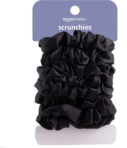 Amazon Basics Scrunchies de Satén Negros para el Cabello, Paquete de 8