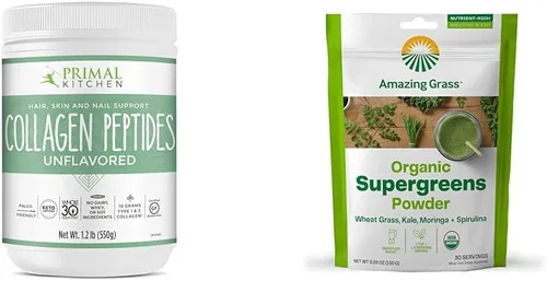 Primal Kitchen Péptidos de colágeno, polvo de colágeno sin sabor, 1.2 libras y Amazing Grass Super Greens Booster: mezcla de batidos en polvo con