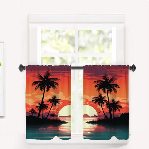 Miniatura 9 de Cortinas de cocina de hojas de arce otoñales para ventanas, hojas verdes y rojas sobre cenefas opacas negras, tratamientos de ventana de poliéster