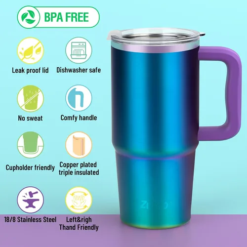 Miniatura 3 de Zukro Vaso de 24 onzas con asa y popote, 2 tapas, mantiene las bebidas frías 20 horas, calientes 6 horas, a prueba de fugas, taza de café de acero