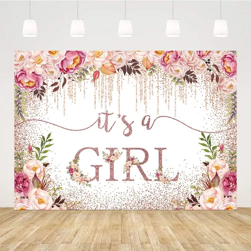 Miniatura 4 de Sendy Telón de fondo de baby shower de oro rosa de 7 x 5 pies para niñas, con texto en inglés "It's a Girl", fondo de fotografía para baby shower