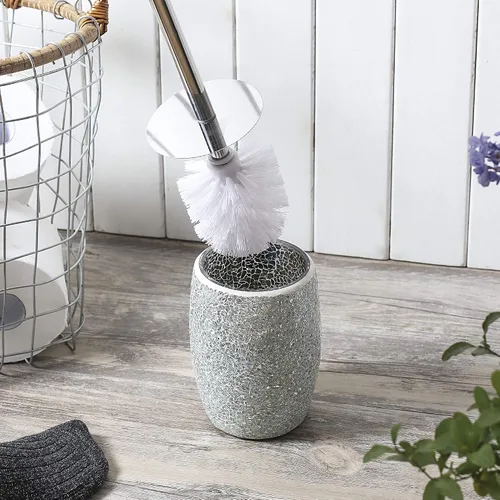 Miniatura 5 de WHOLE HOUSEWARES Juego de escobillas de inodoro moderno (plateado) - Accesorio de baño de mosaico de vidrio con cerdas resistentes y soporte