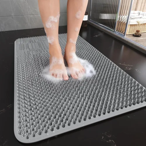 Tapete de Ducha Antideslizante, Tapete Exfoliante para Pies de 16x27 con Ventosas y Orificios de Drenaje, Tapete Suave de Secado Rápido para Bañera,