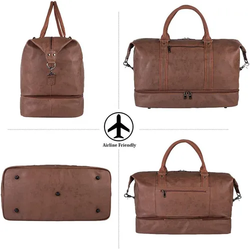 Miniatura 5 de Overnight - Bolsa de viaje de lona de cuero de gran tamaño para fines de semana bolsa de transporte grande para hombres o mujeres Marrón Clásico