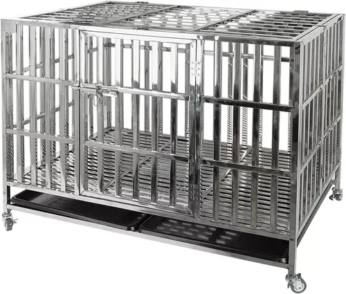 Miniatura 10 de Jaula grande para perros resistente, jaula de acero inoxidable para perros, indestructible, con ruedas enrollables, puerta doble, bandeja extraíble