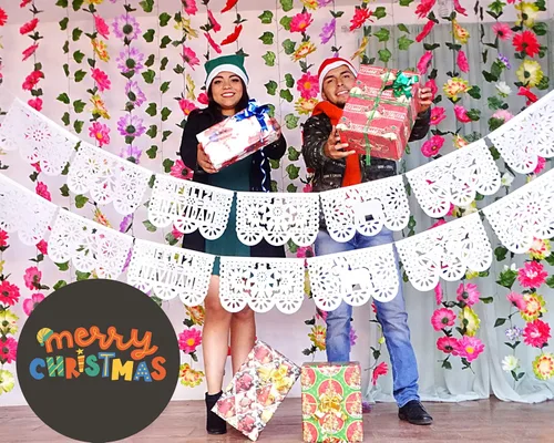 Miniatura 2 de Decoración de Feliz Navidad, papel picado mexicano blanco, paquete de 5 carteles de Feliz Navidad para fiesta de Navidad, hecho de papel de seda