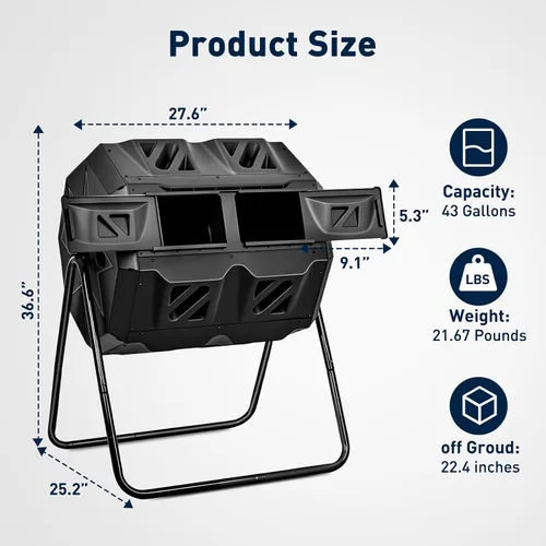 Miniatura 7 de Yesker Contenedor de compostaje de doble cámara para exteriores, compostador giratorio de 43 galones con puertas correderas, montaje rápido