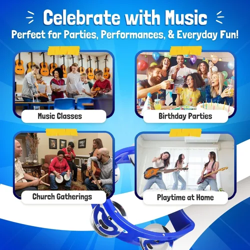 Miniatura 7 de Flexzion Pandereta - Campana de mano, instrumentos musicales de percusión (azul, paquete de 2), instrumento musical de plástico, media luna, mini D