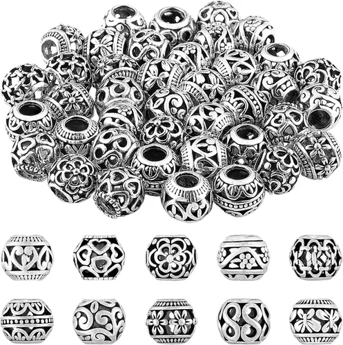 Miniatura 8 de 40 piezas de cuentas espaciadoras de tono plateado, cuentas huecas de aleación tibetana de filigrana de 10 mm, cuentas metálicas pequeñas