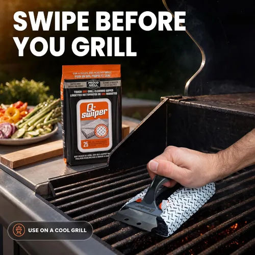 Miniatura 3 de Proud Grill Q-Swiper - Juego de limpiador de parrilla para barbacoa, 1 cepillo de parrilla con raspador y 25 toallitas de limpieza para parrilla