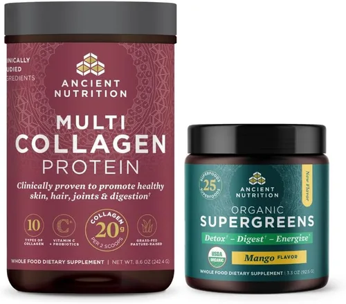 Ancient Nutrition Proteína en polvo multicolágeno, sin sabor, 24 porciones + polvo orgánico Supergreens, mango, 12 porciones