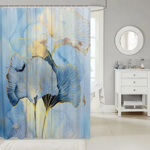 Miniatura 2 de Castle Fairy Cortinas de ducha de hojas de ginkgo, moderna cortina de baño azul fluida de mármol, hojas doradas de lujo, juego de decoración de baño
