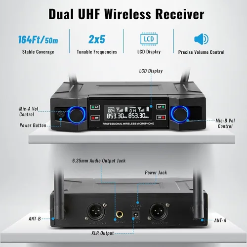 Miniatura 2 de Sistema de micrófono inalámbrico profesional, 18 dBm, SNR ≥110 dB, alcance de 164 pies, micrófonos dinámicos de mano inalámbricos para cantar