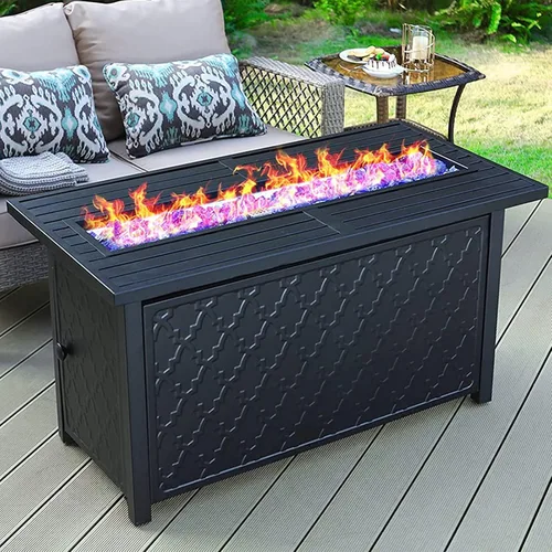 Miniatura 7 de MFSTUDIO Mesa para fogata de gas de 28 pulgadas, 50000 BTU de acero propano a rayas cuadrada con tapa y vidrio azul para patio, patio trasero y Negro
