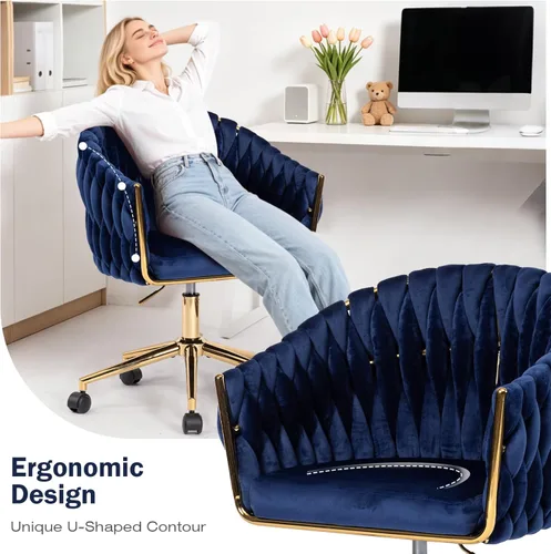 Miniatura 6 de Silla de Oficina de Terciopelo con Respaldo, Sillas de Tocador con Ruedas, Silla de Escritorio de Oficina en Casa de Terciopelo Giratoria 360°, Azul