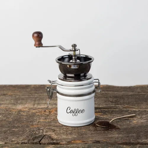 Miniatura 3 de Twine Molinillo de café vintage de mano, diseño manual ajustable con mango de madera y tarro de cerámica blanca, juego de 1