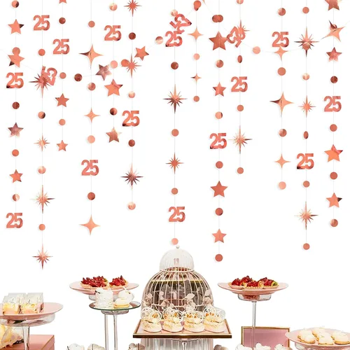 Miniatura 9 de Decoraciones negras de cumpleaños número 25 con círculos, estrellas, guirnalda de serpentina, telón de fondo para mujeres y hombres, saludos a