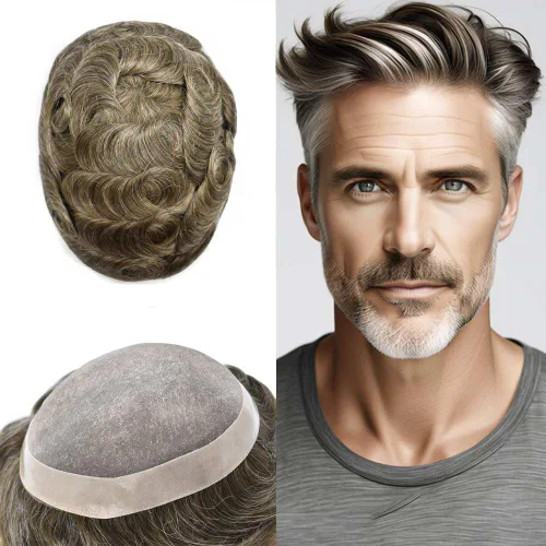 Miniatura 25 de Tupé para hombre, pieza de cabello humano real, monofilamento, tupé para hombres, postizos, unidades de sistema de reemplazo de cabello, gris