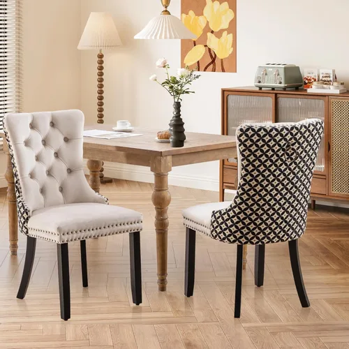 Miniatura 153 de SoarFlash Juego de 2 sillas de comedor de tela de lino, sillas de comedor tapizadas con ribete de cabeza de clavo y patas de madera de color claro