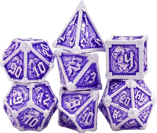 Miniatura 2 de AUSTOR Juego de dados de metal DND de 7 troqueles, juego de dados poliédricos de Calabozos y Dragones con caja D20 D12 D10 D% D8 D6 D4 para Violeta