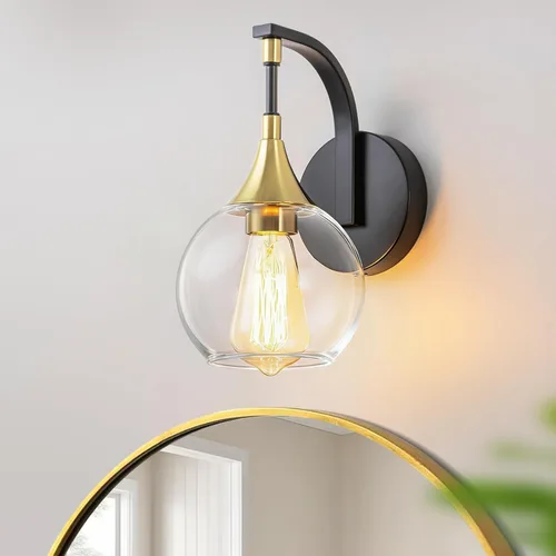 Aplique de pared negro y dorado, luz de baño de vidrio transparente de 4.9 pulgadas | Perfecto para luces de tocador de baño sobre espejos, mesita