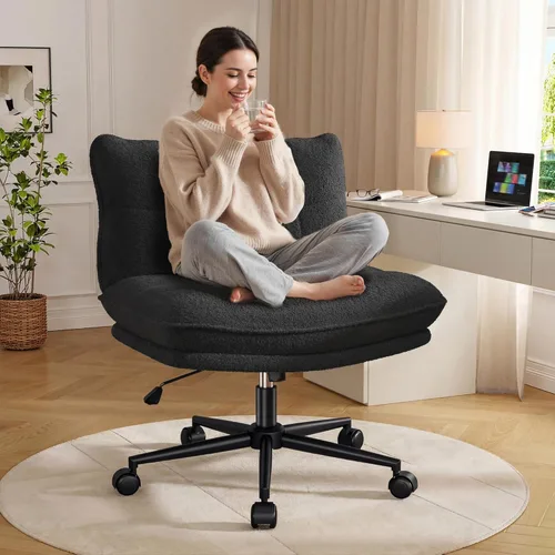 Miniatura 11 de DurayLoly Silla cruzada sin brazos con asiento de 27.6 pulgadas de ancho para sentarse con patas cruzadas, silla de escritorio reclinable de forro