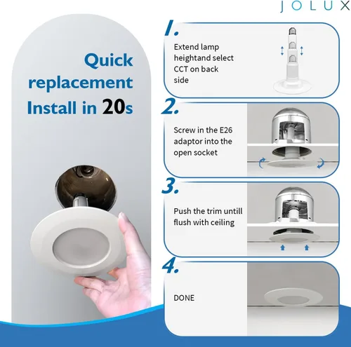 Miniatura 4 de Jolux Luz LED ajustable de 4 pulgadas 5CCT para remodelación, 2700K-5000K CCT seleccionable, 6W = 40W 500LM, base E26 regulable, borde biselado
