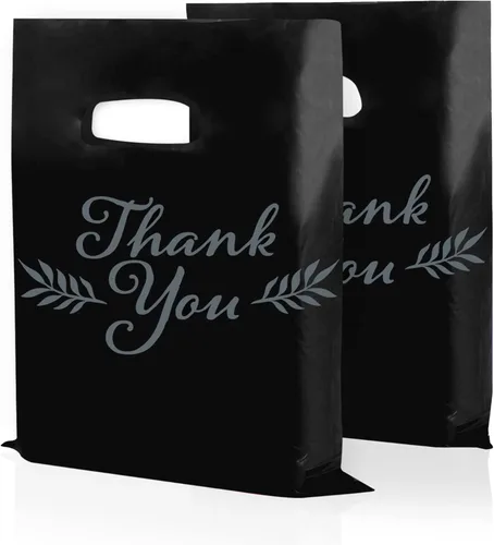Houseables Bolsas de mercancía Thank You, bolsa de compras al por menor, 16 x 18 pulgadas, 100 unidades, 1.75 mil de grosor, negro, blanco, asas