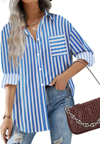 Miniatura 17 de HOTOUCH Camisas de gran tamaño con botones para mujer, blusa de hombro caída para oficina, de manga larga, estilo novio, camisa de vestir