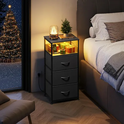 Miniatura 2 de WLIVE Mesita de noche con estación de carga, mesita de noche de 31.9" de altura con 3 cajones de tela, mesa de noche con LED con puertos USB