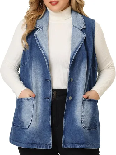 Agnes Orinda Chalecos de mezclilla de talla grande para mujer, elegantes, sin mangas, con solapa, casuales, largos, de mezclilla, chaleco tipo túnica